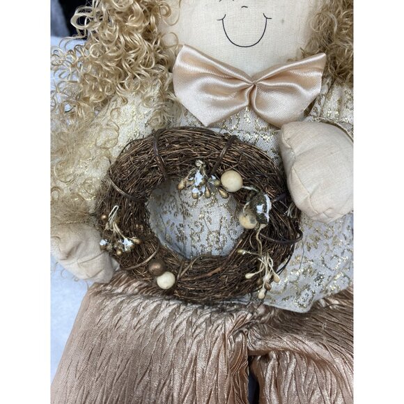 Christmas Shelf Sitter Plush Doll With Curly Hair Bow & Wreath Gold 18" - Picture 6 of 12